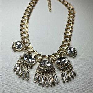 Gold Tone Statement Necklace with Crystal Dangle Accents Vintage Style
